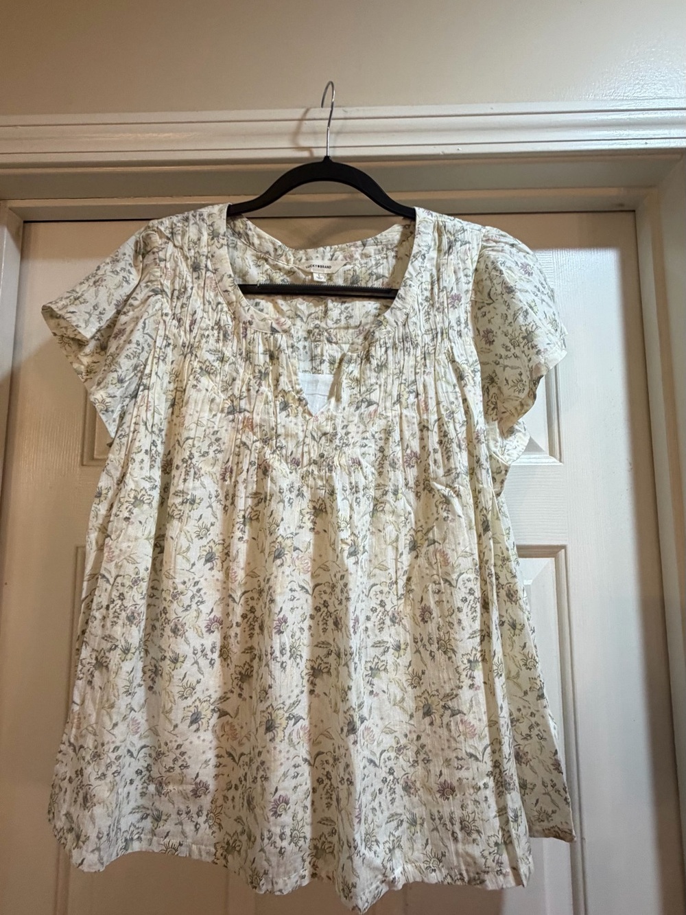 Lucky Brand Floral Cream Short-Sleeve Peasant Blouse Size Large